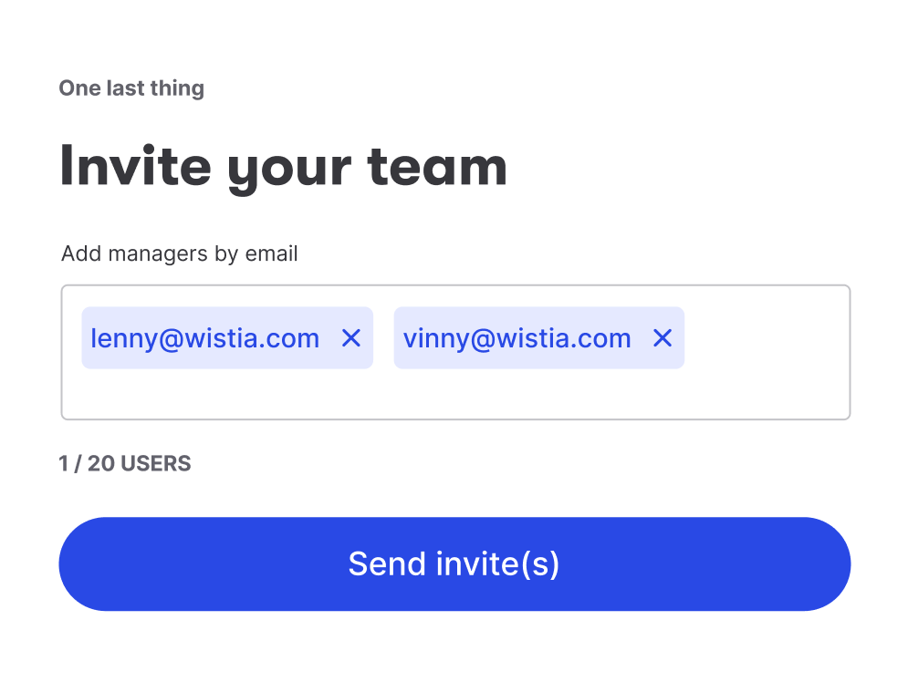 Wistia user management interface showing team member invitation and permission management system